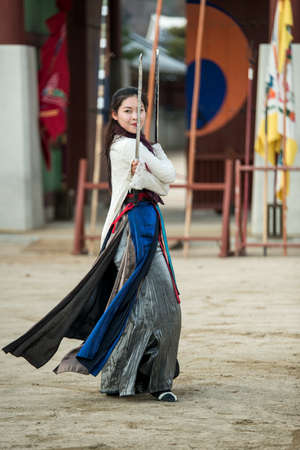 Suwon, South Korea - December 23, 2016 : Korean soldier with traditional Joseon dynasty during show martial arts at Hwaseong haenggung square. Photo taken on December 23, 2016 in Suwon, South Koreaのeditorial素材