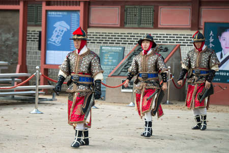 Suwon, South Korea - December 23, 2016 : Korean soldier with traditional Joseon dynasty during show martial arts at Hwaseong haenggung square. Photo taken on December 23, 2016 in Suwon, South Koreaのeditorial素材
