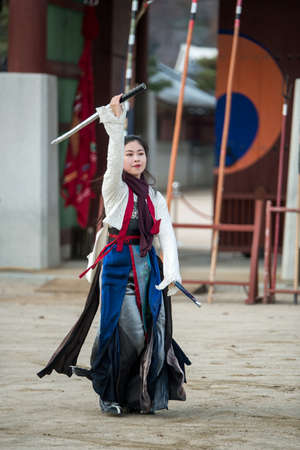 Suwon, South Korea - December 23, 2016 : Korean soldier with traditional Joseon dynasty during show martial arts at Hwaseong haenggung square. Photo taken on December 23, 2016 in Suwon, South Koreaのeditorial素材