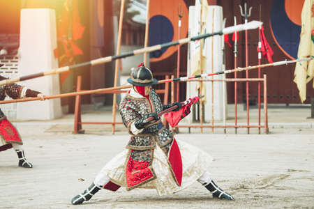 Suwon, South Korea - December 23, 2016 : Korean soldier with traditional Joseon dynasty during show martial arts at Hwaseong haenggung square. Photo taken on December 23, 2016 in Suwon, South Koreaのeditorial素材