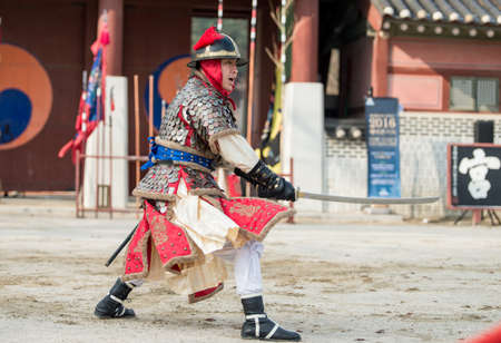 Suwon, South Korea - December 23, 2016 : Korean soldier with traditional Joseon dynasty during show martial arts at Hwaseong haenggung square. Photo taken on December 23, 2016 in Suwon, South Koreaのeditorial素材