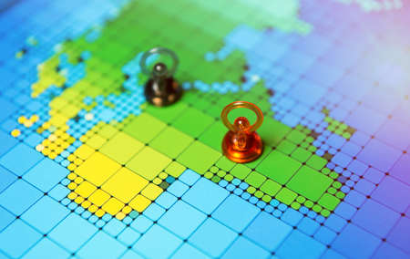 Pushpins on a map of Africaの写真素材