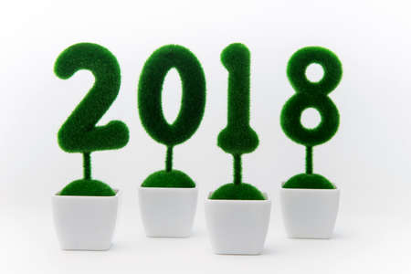 Calendar 2018, Number 2018 composed by bush plant in pot on white backgroundの写真素材