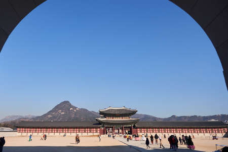 Seoul, South Korea - January 17, 2019: January 17, 2019 the palace doors in the palace in Seoul, South Korea.  One of the three doors in the palace "Heunginjimun Gate"のeditorial素材