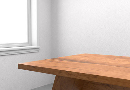 Wooden table with blank windowの写真素材