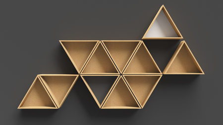 Empty triangle wooden shelves on dark wall backgroundの写真素材