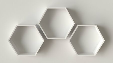 Empty white hexagons shelves on concrete wall background, 3D renderingの写真素材