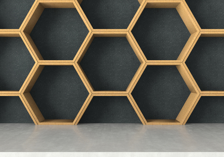 Concrete table with wooden  hexagons shelf background, 3D renderingの写真素材