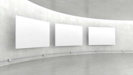 Empty modern exhibition gallery interior and hanging white canvas with light from ceiling. 3D rendering.の写真素材