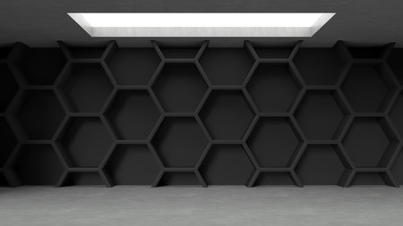 Empty dark concrete hexagons pattern room interior with light from ceiling. 3D rendering.の写真素材