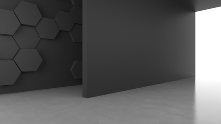 Blank dark concrete wall with hexagons pattern background with bright light from entrance. 3D rendering.の写真素材