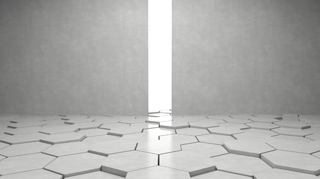 Empty modern interior and hexagons pattern floor with bright light from entrance. 3D rendering.の写真素材