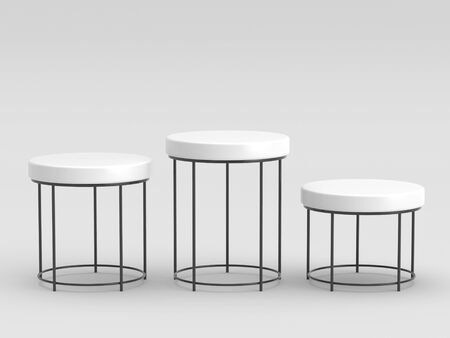 Empty white top podium with metal frame stand. 3D rendering.