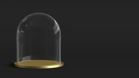 Glass dome with golden tray on dark background. 3D rendering.の写真素材
