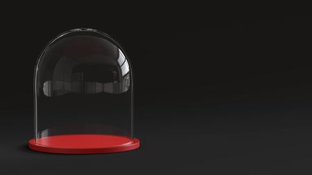 Glass dome with red tray on dark background. 3D rendering.の写真素材