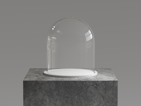 Empty glass dome with white tray on concrete podium. 3D rendering.の写真素材