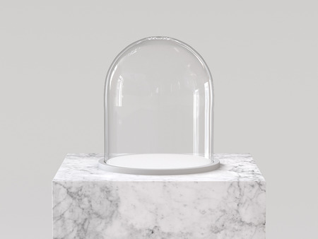 Empty glass dome with white tray on white marble podium. 3D rendering.の写真素材