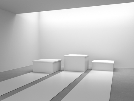 Empty white winners podium in white room with light from ceiling. 3D rendering.の写真素材