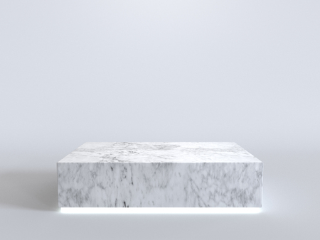 Empty marble podium with neon light glowing on white background. 3D rendering.の写真素材