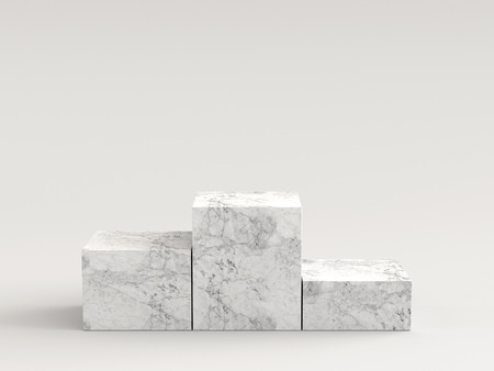 Empty white marble podium on white background. 3D rendering.の写真素材