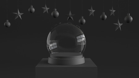 Empty snow glass ball with black tray and podium on dark background with hanging  balls and stars ornaments. For new year or Christmas theme. 3D rendering.の写真素材