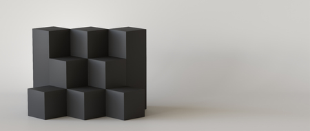 Black cube boxes with white blank wall background. 3D rendering.の写真素材