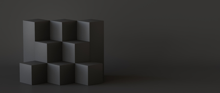 Black cube boxes with dark wall background. 3D rendering.の写真素材
