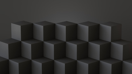 Black cube boxes with dark wall background. 3D rendering.の写真素材