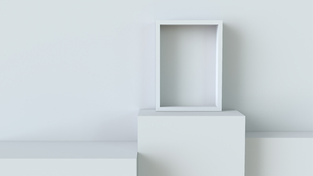 Frame with white cube podium on blank wall background. 3D rendering.の写真素材