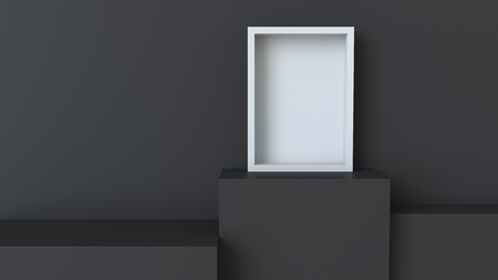 Frame with black cube podium on blank wall background. 3D rendering.の写真素材