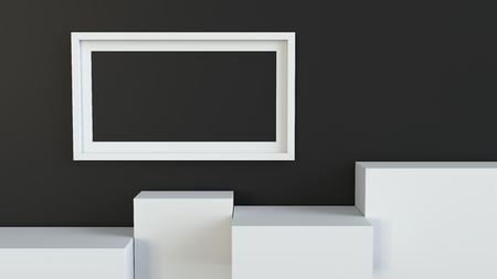 Frame with white cube podium on blank wall background. 3D rendering.の写真素材