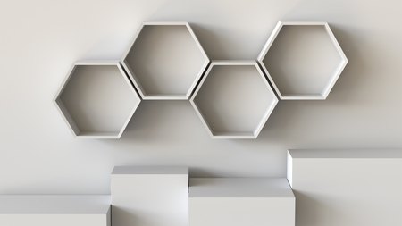 Empty white hexagons shelves and cube box podium on wall background. 3D rendering.の写真素材