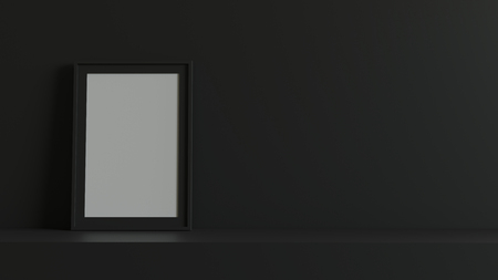 Blank picture frame with table and wall background. 3D rendering.の写真素材