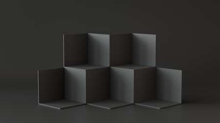 Black cube boxes backdrop display on black background. 3D rendering.の写真素材