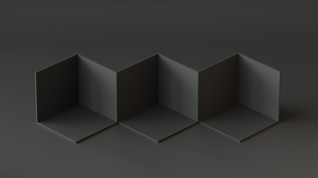 Black cube boxes backdrop display on black background. 3D rendering.の写真素材