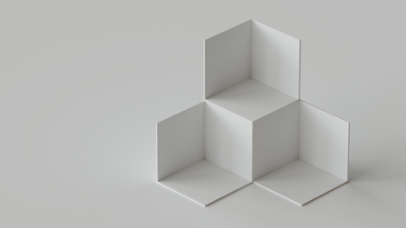 White cube boxes backdrop display on white background. 3D rendering.の写真素材
