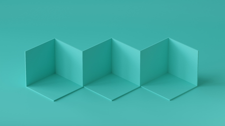Cube boxes backdrop display on blank wall background. 3D rendering.の写真素材