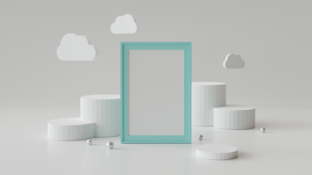 Blank picture frame with cylinder podium. Abstract geometric background for display or mockup. 3D rendering.の写真素材