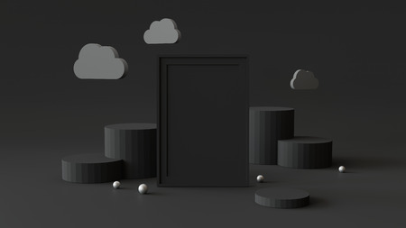 Blank picture frame with cylinder podium. Abstract geometric background for display or mockup. 3D rendering.の写真素材