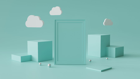 Blank picture frame with cylinder podium. Abstract geometric background for display or mockup. 3D rendering.の写真素材