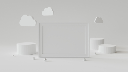 Blank picture frame with cylinder podium. Abstract geometric background for display or mockup. 3D rendering.の写真素材