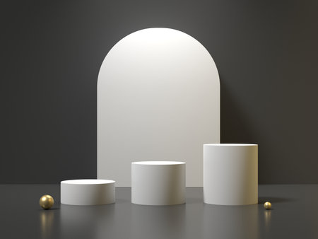3d render of abstract geometric forms. Glossy white podium for your design.の写真素材