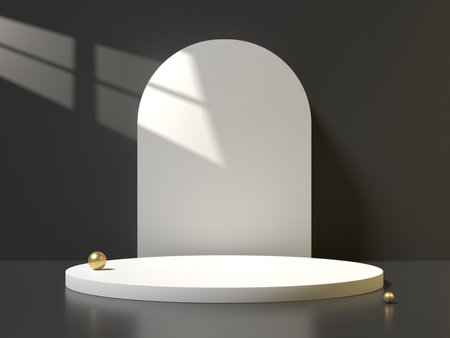 white podium in dark room with shadow from the window. 3d render.の写真素材