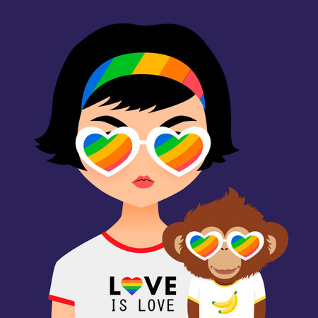 Love is in the air. Vector illustration of a girl with a rainbow heart and a monkey.のイラスト素材