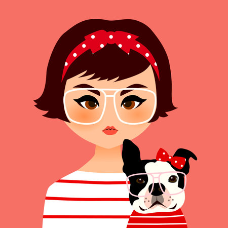 Cute hipster girl with french bulldog. Vector illustration.のイラスト素材