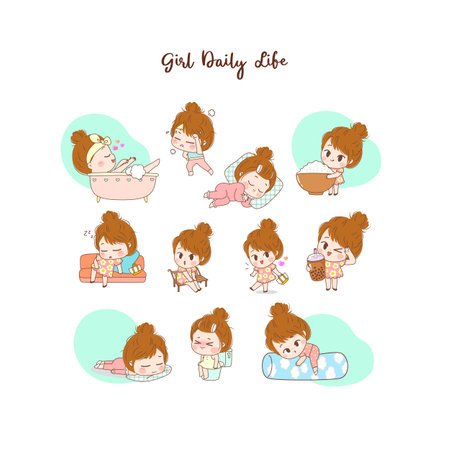 Cute Girl routine character design illustrations set. daily life of girl. sleeping, take a bath, excerciseのイラスト素材