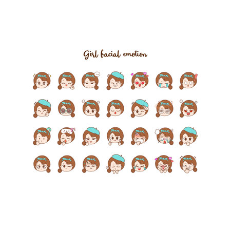 Cute cartoon girl face with different facial expressions. Vector illustration.のイラスト素材