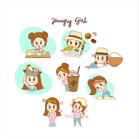 A set of girl in different activities on a white background. Vector illustrationのイラスト素材