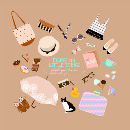Set of fashion items and accessories in flat style. Vector illustration.のイラスト素材
