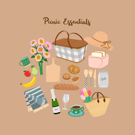 Picnic set. Vector illustration in flat style. Picnic icons.のイラスト素材